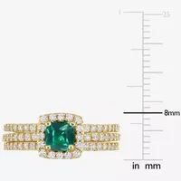 Modern Bride Gemstone Womens Lab Created Green Emerald 18K Gold Over Silver Cushion Side Stone Halo Bridal Set