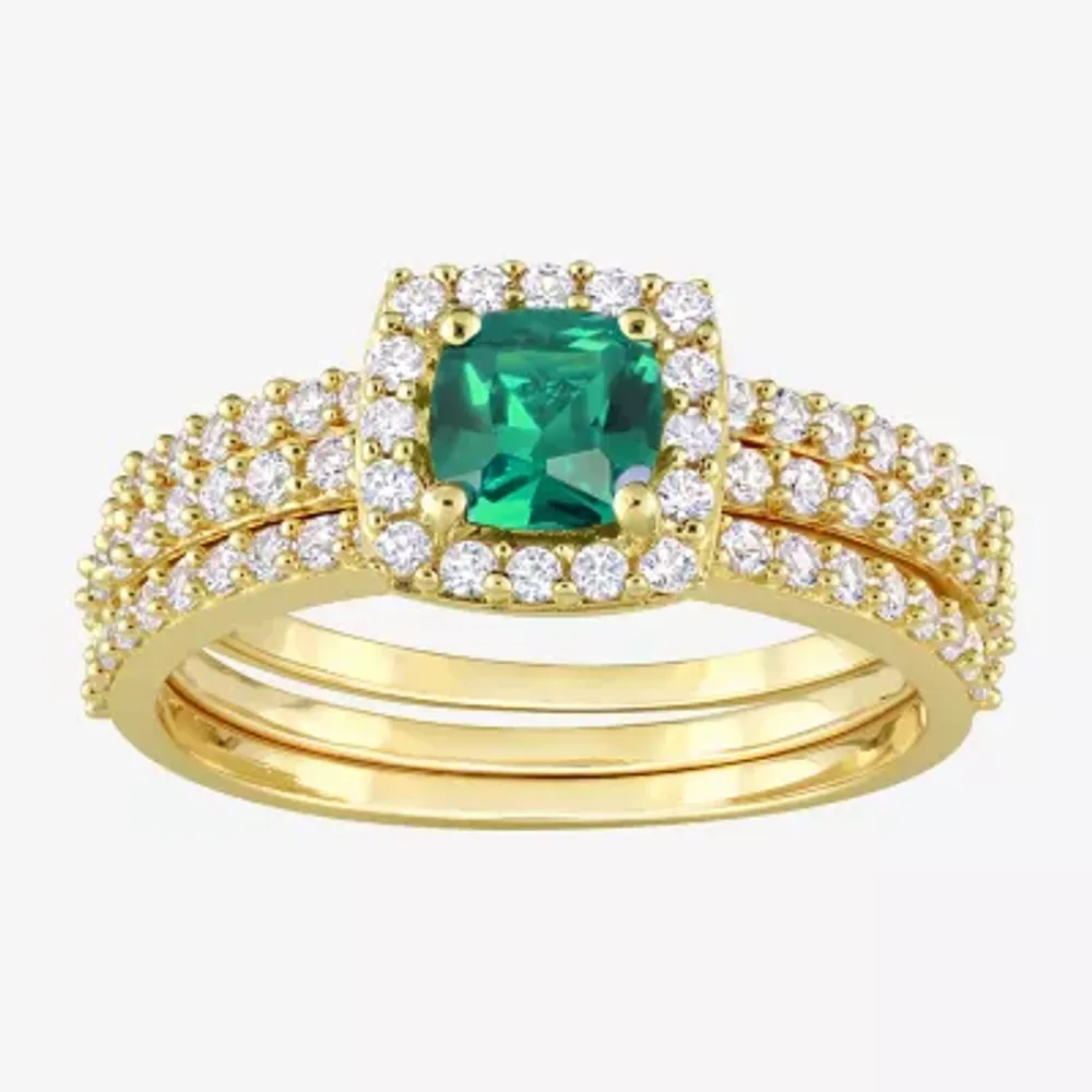 Modern Bride Gemstone Womens Lab Created Green Emerald 18K Gold Over Silver Cushion Side Stone Halo Bridal Set