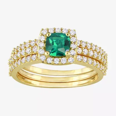 Modern Bride Gemstone Womens Lab Created Green Emerald 18K Gold Over Silver Cushion Side Stone Halo Bridal Set