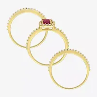 Modern Bride Gemstone Womens Lab Created Red Ruby 18K Gold Over Silver Cushion Side Stone Halo Bridal Set