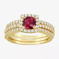 Modern Bride Gemstone Womens Lab Created Red Ruby 18K Gold Over Silver Cushion Side Stone Halo Bridal Set