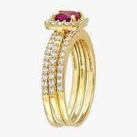 Modern Bride Gemstone Womens Lab Created Red Ruby 18K Gold Over Silver Cushion Side Stone Halo Bridal Set