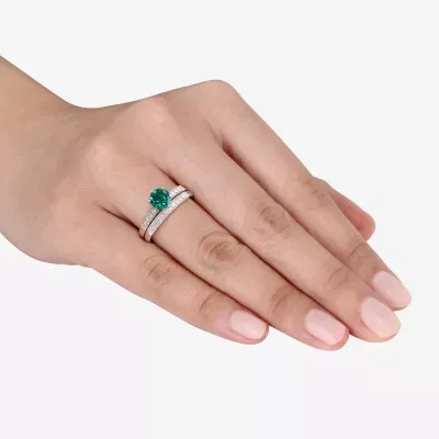 Modern Bride Gemstone Womens 1/3 CT. T.W. Lab Created Green Emerald 10K White Gold Round Side Stone Bridal Set