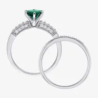 Modern Bride Gemstone Womens 1/3 CT. T.W. Lab Created Green Emerald 10K White Gold Round Side Stone Bridal Set