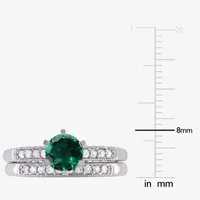 Modern Bride Gemstone Womens 1/3 CT. T.W. Lab Created Green Emerald 10K White Gold Round Side Stone Bridal Set