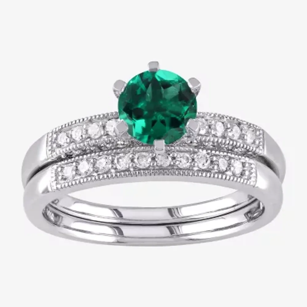 Modern Bride Gemstone Womens 1/3 CT. T.W. Lab Created Green Emerald 10K White Gold Round Side Stone Bridal Set