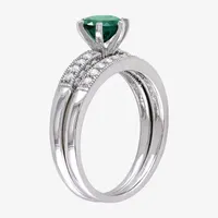 Modern Bride Gemstone Womens 1/3 CT. T.W. Lab Created Green Emerald 10K White Gold Round Side Stone Bridal Set