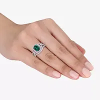 Modern Bride Gemstone Womens 1/4 CT. T.W. Lab Created Green Emerald 10K White Gold Cushion Side Stone Halo Bridal Set