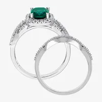 Modern Bride Gemstone Womens 1/4 CT. T.W. Lab Created Green Emerald 10K White Gold Cushion Side Stone Halo Bridal Set