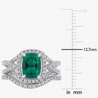 Modern Bride Gemstone Womens 1/4 CT. T.W. Lab Created Green Emerald 10K White Gold Cushion Side Stone Halo Bridal Set