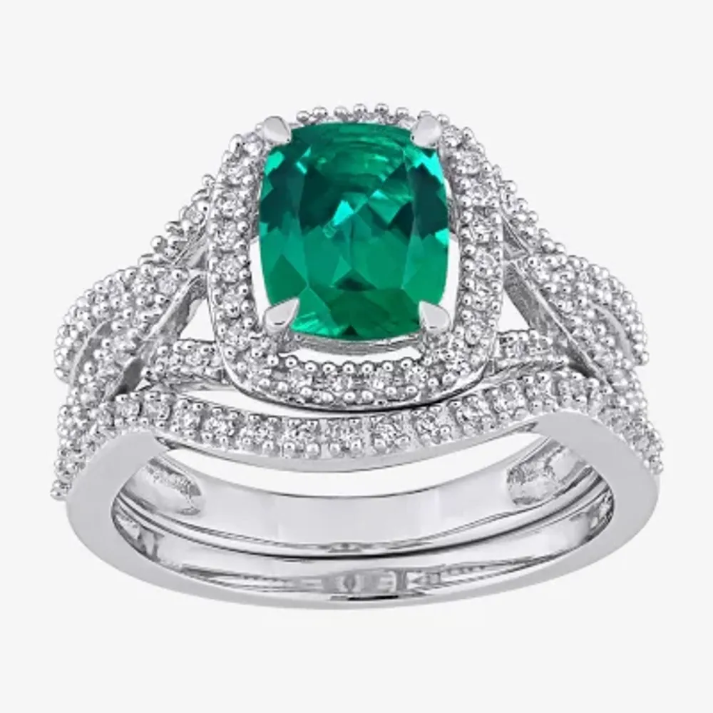 Modern Bride Gemstone Womens 1/4 CT. T.W. Lab Created Green Emerald 10K White Gold Cushion Side Stone Halo Bridal Set