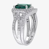 Modern Bride Gemstone Womens 1/4 CT. T.W. Lab Created Green Emerald 10K White Gold Cushion Side Stone Halo Bridal Set