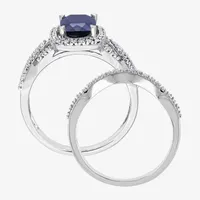 Modern Bride Gemstone Womens 1/4 CT. T.W. Lab Created Blue Sapphire 10K White Gold Cushion Side Stone Halo Bridal Set