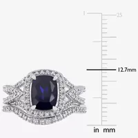 Modern Bride Gemstone Womens 1/4 CT. T.W. Lab Created Blue Sapphire 10K White Gold Cushion Side Stone Halo Bridal Set