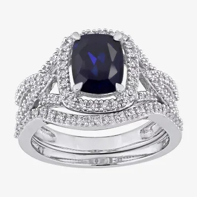 Modern Bride Gemstone Womens 1/4 CT. T.W. Lab Created Blue Sapphire 10K White Gold Cushion Side Stone Halo Bridal Set