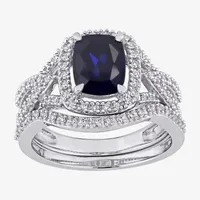 Modern Bride Gemstone Womens 1/4 CT. T.W. Lab Created Blue Sapphire 10K White Gold Cushion Side Stone Halo Bridal Set