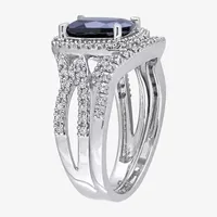 Modern Bride Gemstone Womens 1/4 CT. T.W. Lab Created Blue Sapphire 10K White Gold Cushion Side Stone Halo Bridal Set