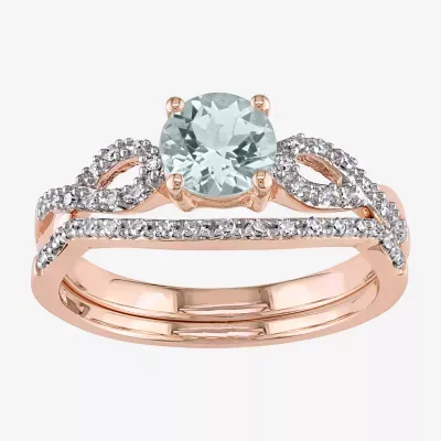 Modern Bride Gemstone Womens 1/7 CT. T.W. Genuine Blue Aquamarine 10K Rose Gold Round Side Stone Bridal Set