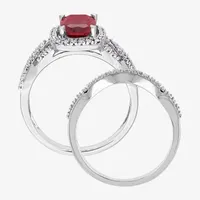 Modern Bride Gemstone Womens 1/4 CT. T.W. Lab Created Red Ruby 10K White Gold Cushion Side Stone Halo Bridal Set