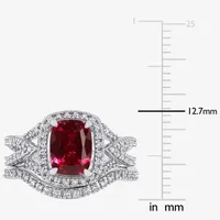 Modern Bride Gemstone Womens 1/4 CT. T.W. Lab Created Red Ruby 10K White Gold Cushion Side Stone Halo Bridal Set