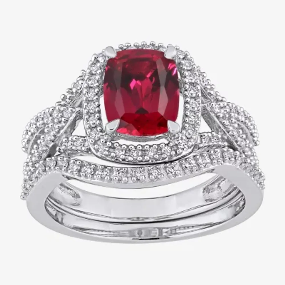 Modern Bride Gemstone Womens 1/4 CT. T.W. Lab Created Red Ruby 10K White Gold Cushion Side Stone Halo Bridal Set