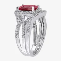 Modern Bride Gemstone Womens 1/4 CT. T.W. Lab Created Red Ruby 10K White Gold Cushion Side Stone Halo Bridal Set