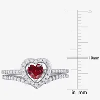 Modern Bride Gemstone Womens 1/2 CT. T.W. Lab Created Red Ruby 10K White Gold Heart Side Stone Halo Bridal Set