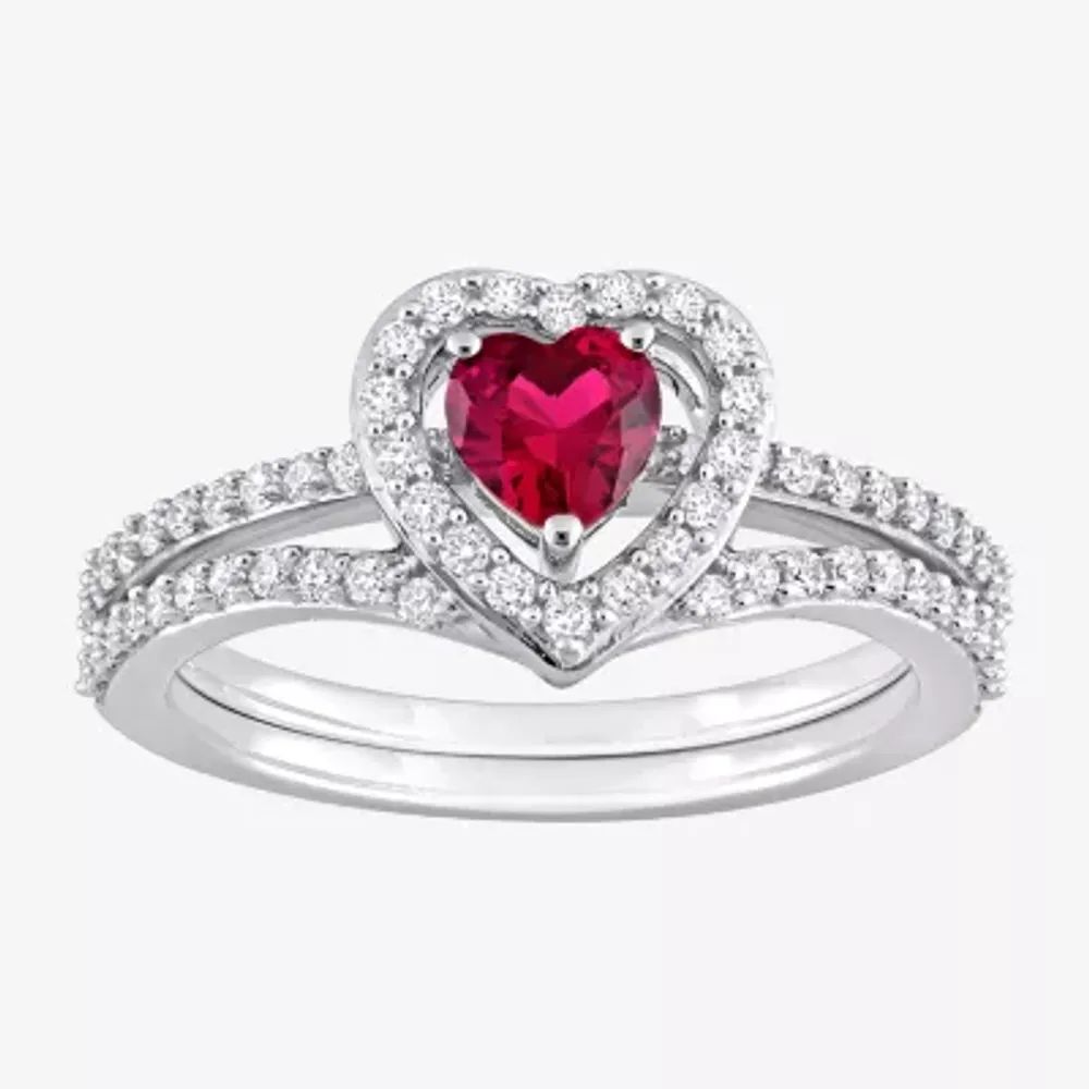 Modern Bride Gemstone Womens 1/2 CT. T.W. Lab Created Red Ruby 10K White Gold Heart Side Stone Halo Bridal Set