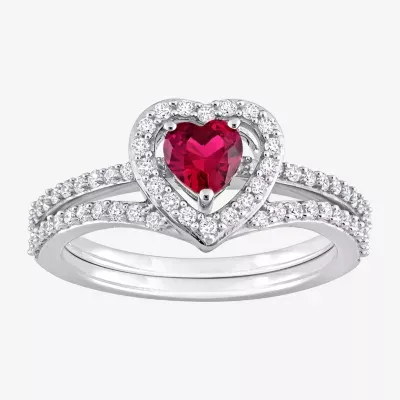 Modern Bride Gemstone Womens 1/2 CT. T.W. Lab Created Red Ruby 10K White Gold Heart Side Stone Halo Bridal Set