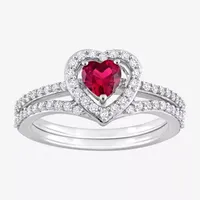 Modern Bride Gemstone Womens 1/2 CT. T.W. Lab Created Red Ruby 10K White Gold Heart Side Stone Halo Bridal Set