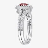 Modern Bride Gemstone Womens 1/2 CT. T.W. Lab Created Red Ruby 10K White Gold Heart Side Stone Halo Bridal Set