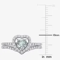 Modern Bride Gemstone Womens 1/2 CT. T.W. Genuine Blue Aquamarine 10K White Gold Heart Side Stone Halo Bridal Set