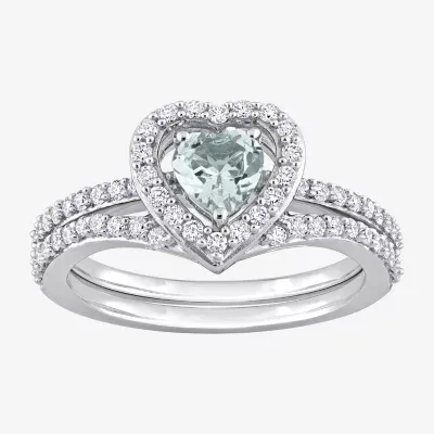 Modern Bride Gemstone Womens 1/2 CT. T.W. Genuine Blue Aquamarine 10K White Gold Heart Side Stone Halo Bridal Set