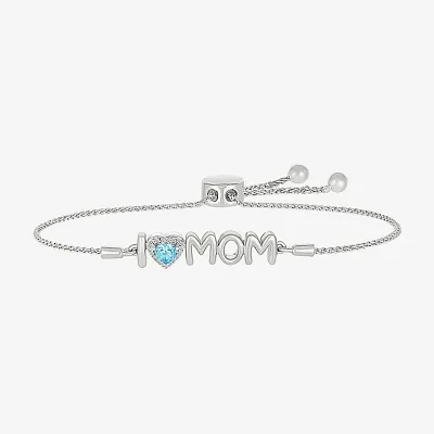I Love Mom Diamond Accent Genuine Blue Topaz Sterling Silver Heart Bolo Bracelet