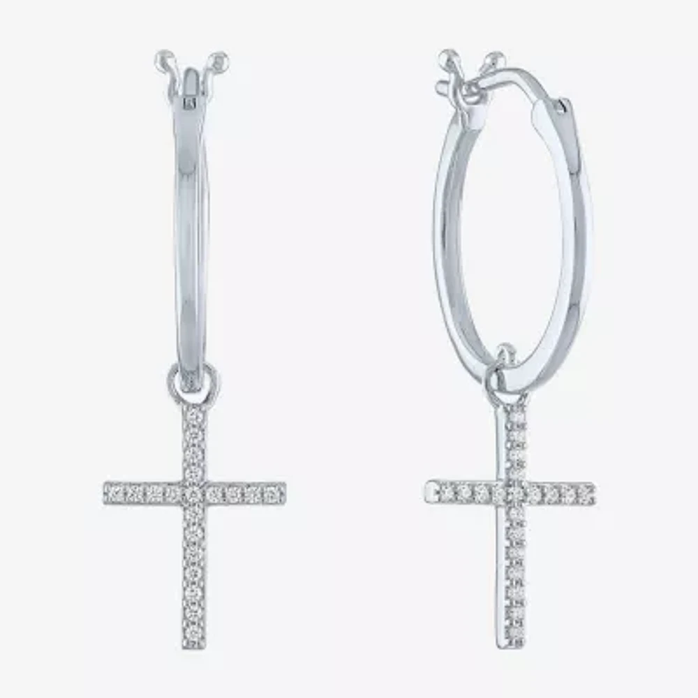 Diamond Addiction (G-H / Si2-I1) 1/10 CT. T.W. Lab Grown White Diamond Sterling Silver or 14K Gold Over Silver 34mm Cross Hoop Earrings
