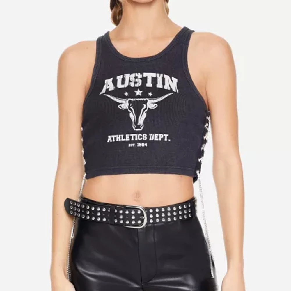 Forever 21 Austin Texas Embelished Cropped Womens Juniors Crew Neck Sleeveless Tank Top