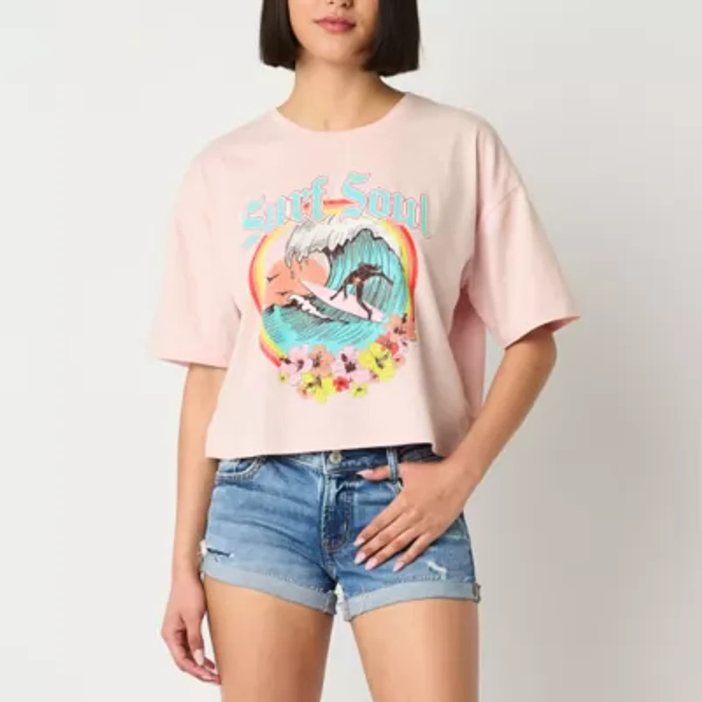 Juniors Surf Soul Cropped Womens Crew Neck Short Sleeve Graphic T-Shirt
