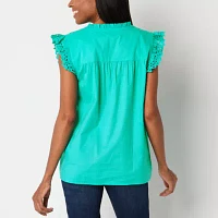 St. John's Bay Womens Split Tie Neck Short Sleeve Embroidered Blouse