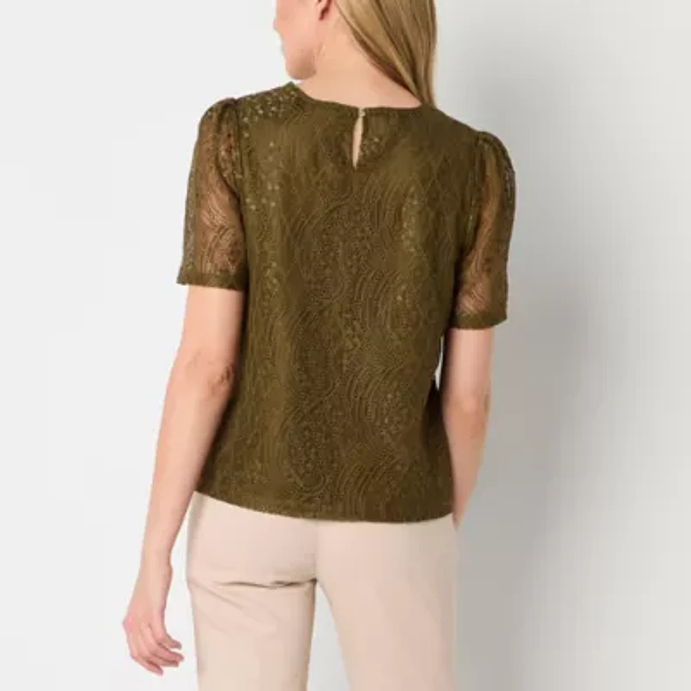 Liz Claiborne Womens Crew Neck Short Sleeve Lace Blouse