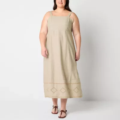 a.n.a Linen Womens Sleeveless Embroidered Midi A-Line Dress Plus