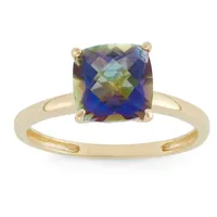 Womens Genuine Mystic Fire Topaz 10K Gold Square Solitaire Cocktail Ring