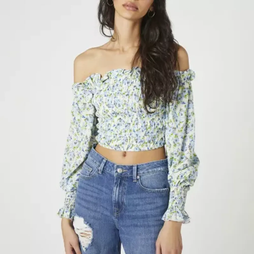 Forever 21 Off The Shoulder Top Womens Straight Neck Long Sleeve Crop Top  Juniors