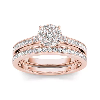 1/2 CT.T.W. Natural Diamond Cluster 10K Rose Gold Bridal Ring Set