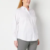 Liz Claiborne Plus Wrinkle Free Womens Long Sleeve Regular Fit Button-Down Shirt