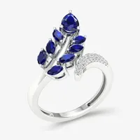 Womens Genuine Blue Sapphire 10K White Gold Flower Bypass  Cocktail Ring