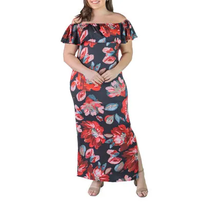 24seven Comfort Apparel Plus Short Sleeve Floral Maxi Dress