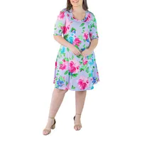 24seven Comfort Apparel Womens Short Sleeve Floral A-Line Dress Plus