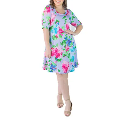 24seven Comfort Apparel Womens Short Sleeve Floral A-Line Dress Plus