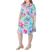 24seven Comfort Apparel Womens Short Sleeve Floral A-Line Dress Plus