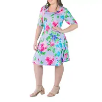 24seven Comfort Apparel Womens Short Sleeve Floral A-Line Dress Plus